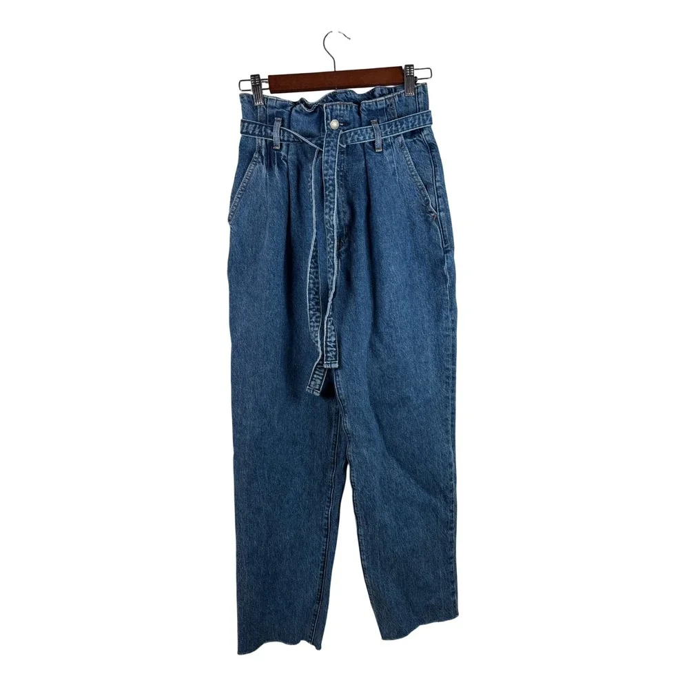 Abercrombie & Fitch Mom Jean Womens 26/2R‎ Blue Paperbag Waist Belted Straight